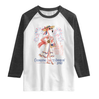Celebrating 250 Years of American Spirit Flamingo Raglan Shirt Cute Patriotic Tropical Bird Summer Landmarks Fireworks