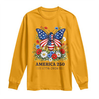 America 250 Patriotic Butterfly Floral Graphic Long Sleeve Shirt American Flag Wings Watercolor Wildflowers 1776 to 2026 Semiquincentennial