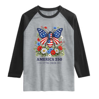 America 250 Patriotic Butterfly Floral Graphic Raglan Shirt American Flag Wings Watercolor Wildflowers 1776 to 2026 Semiquincentennial