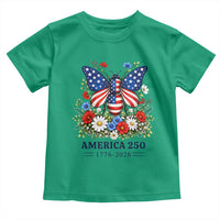 America 250 Patriotic Butterfly Floral Graphic Toddler T Shirt American Flag Wings Watercolor Wildflowers 1776 to 2026 Semiquincentennial