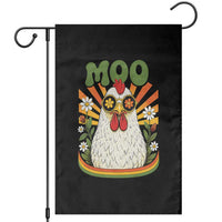 Retro Moo Chicken Wearing Sunglasses Graphic Garden Flag Funny Groovy Farm Animal Pun Vintage Sunburst