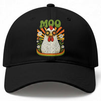 Retro Moo Chicken Wearing Sunglasses Graphic Baseball Cap Funny Groovy Farm Animal Pun Vintage Sunburst