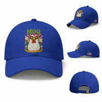 Retro Moo Chicken Wearing Sunglasses Graphic Baseball Cap Funny Groovy Farm Animal Pun Vintage Sunburst