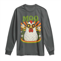 Retro Moo Chicken Wearing Sunglasses Graphic Long Sleeve Shirt Funny Groovy Farm Animal Pun Vintage Sunburst