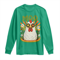 Retro Moo Chicken Wearing Sunglasses Graphic Long Sleeve Shirt Funny Groovy Farm Animal Pun Vintage Sunburst