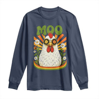 Retro Moo Chicken Wearing Sunglasses Graphic Long Sleeve Shirt Funny Groovy Farm Animal Pun Vintage Sunburst