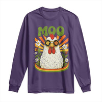 Retro Moo Chicken Wearing Sunglasses Graphic Long Sleeve Shirt Funny Groovy Farm Animal Pun Vintage Sunburst