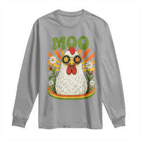 Retro Moo Chicken Wearing Sunglasses Graphic Long Sleeve Shirt Funny Groovy Farm Animal Pun Vintage Sunburst