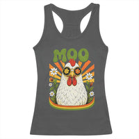 Retro Moo Chicken Wearing Sunglasses Graphic Racerback Tank Top Funny Groovy Farm Animal Pun Vintage Sunburst