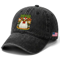 Retro Moo Chicken Wearing Sunglasses Graphic Washed Cotton Baseball Cap Funny Groovy Farm Animal Pun Vintage Sunburst