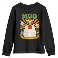 Retro Moo Chicken Wearing Sunglasses Graphic Youth Sweatshirt Funny Groovy Farm Animal Pun Vintage Sunburst