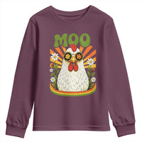 Retro Moo Chicken Wearing Sunglasses Graphic Youth Sweatshirt Funny Groovy Farm Animal Pun Vintage Sunburst