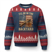 Vintage American Flag Whiskey and Cigar Graphic Ugly Christmas Sweater I Will Be In The Backyard Patriotic Bourbon Lover Fathers Day Gift for Men