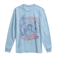 Pledge Allegiance To Your Hands Team Vibes Long Sleeve Shirt Statue of Liberty Doodle Americana Graphic