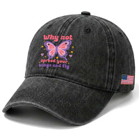 Retro Y2K Groovy Pink Butterfly Inspirational Washed Cotton Baseball Cap Why Not Spread Your Wings And Fly Female Empowerment