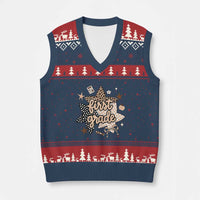 First Grade Leopard Checkered Star Coquette V-Neck Knit Sweater Vest Cute 1st Grade Girl Back to School Gift