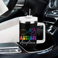 Autism Acceptance Tumbler With Handle Advocate Educate Accomodate Include Rainbow Infinity Symbol
