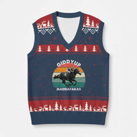 Giddy Up Madafakas Retro Sunset Horse Racing V-Neck Knit Sweater Vest Funny Sarcastic Equestrian Jockey Vintage 70s
