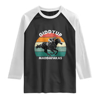 Giddy Up Madafakas Retro Sunset Horse Racing Raglan Shirt Funny Sarcastic Equestrian Jockey Vintage 70s