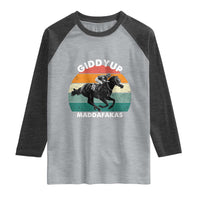 Giddy Up Madafakas Retro Sunset Horse Racing Raglan Shirt Funny Sarcastic Equestrian Jockey Vintage 70s