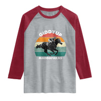Giddy Up Madafakas Retro Sunset Horse Racing Raglan Shirt Funny Sarcastic Equestrian Jockey Vintage 70s