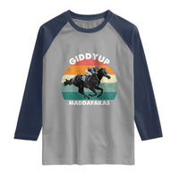 Giddy Up Madafakas Retro Sunset Horse Racing Raglan Shirt Funny Sarcastic Equestrian Jockey Vintage 70s