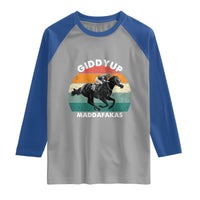 Giddy Up Madafakas Retro Sunset Horse Racing Raglan Shirt Funny Sarcastic Equestrian Jockey Vintage 70s