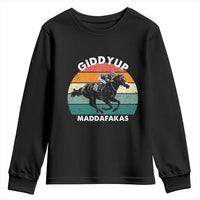Giddy Up Madafakas Retro Sunset Horse Racing Youth Sweatshirt Funny Sarcastic Equestrian Jockey Vintage 70s