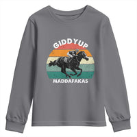Giddy Up Madafakas Retro Sunset Horse Racing Youth Sweatshirt Funny Sarcastic Equestrian Jockey Vintage 70s