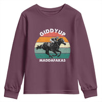 Giddy Up Madafakas Retro Sunset Horse Racing Youth Sweatshirt Funny Sarcastic Equestrian Jockey Vintage 70s