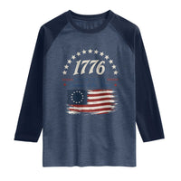 1776 Land of the Free Distressed Arch Graphic Raglan Shirt Vintage Betsy Ross American Flag Stars Retro Patriotic