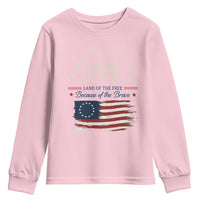 1776 Land of the Free Distressed Arch Graphic Youth Sweatshirt Vintage Betsy Ross American Flag Stars Retro Patriotic