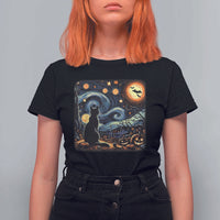 Black Cat Halloween T Shirt For Women Starry Night Lover Van Gogh Inspo - Wonder Print Shop