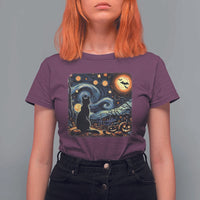 Black Cat Halloween T Shirt For Women Starry Night Lover Van Gogh Inspo - Wonder Print Shop