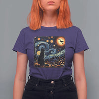 Black Cat Halloween T Shirt For Women Starry Night Lover Van Gogh Inspo - Wonder Print Shop