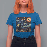 Black Cat Halloween T Shirt For Women Starry Night Lover Van Gogh Inspo - Wonder Print Shop