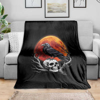 Gothic Raven on Skull Blood Moon Throw Blanket Spooky Halloween Macabre Dark Art Graphic