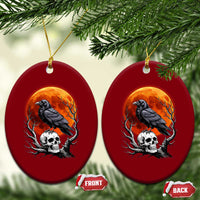 Gothic Raven on Skull Blood Moon Ceramic Ornament Spooky Halloween Macabre Dark Art Graphic