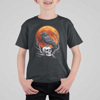 Gothic Raven on Skull Blood Moon T Shirt For Kid Spooky Halloween Macabre Dark Art Graphic
