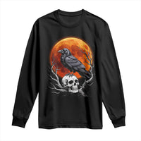 Gothic Raven on Skull Blood Moon Long Sleeve Shirt Spooky Halloween Macabre Dark Art Graphic