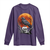 Gothic Raven on Skull Blood Moon Long Sleeve Shirt Spooky Halloween Macabre Dark Art Graphic