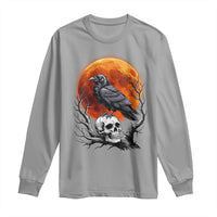 Gothic Raven on Skull Blood Moon Long Sleeve Shirt Spooky Halloween Macabre Dark Art Graphic