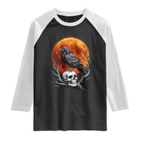 Gothic Raven on Skull Blood Moon Raglan Shirt Spooky Halloween Macabre Dark Art Graphic