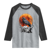 Gothic Raven on Skull Blood Moon Raglan Shirt Spooky Halloween Macabre Dark Art Graphic