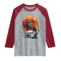 Gothic Raven on Skull Blood Moon Raglan Shirt Spooky Halloween Macabre Dark Art Graphic