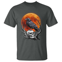 Gothic Raven on Skull Blood Moon T Shirt Spooky Halloween Macabre Dark Art Graphic