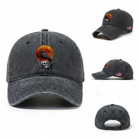 Gothic Raven on Skull Blood Moon Washed Cotton Baseball Cap Spooky Halloween Macabre Dark Art Graphic