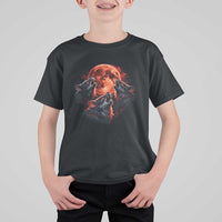 Majestic Three Wolves Howling at Red Blood Moon Graphic T Shirt For Kid Wild Nature with Celestial Astronomy