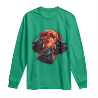 Majestic Three Wolves Howling at Red Blood Moon Graphic Long Sleeve Shirt Wild Nature with Celestial Astronomy