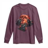 Majestic Three Wolves Howling at Red Blood Moon Graphic Long Sleeve Shirt Wild Nature with Celestial Astronomy